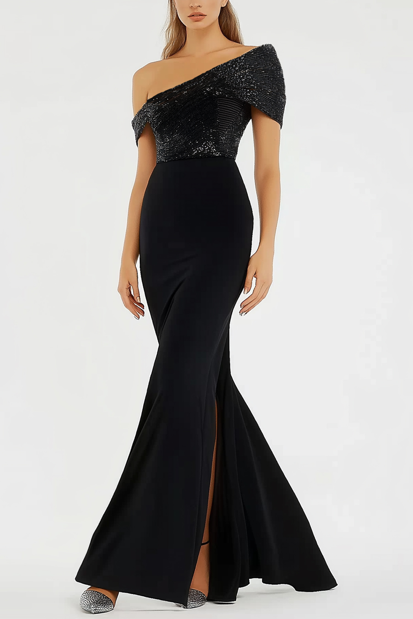 Party Evening Dress One Shoulder Blac Glitter Floor Length Dress with