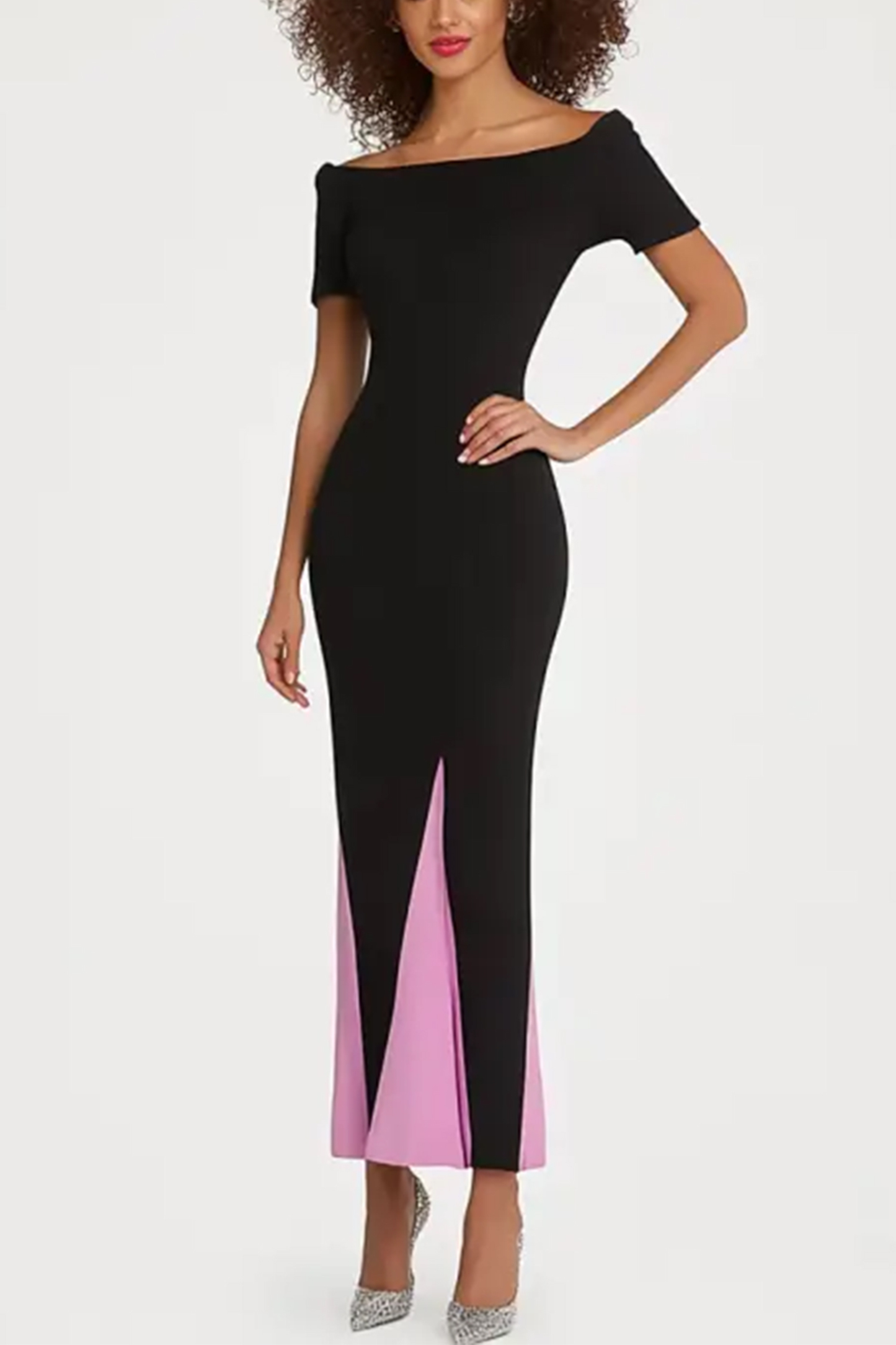 Semi-Formal Evening Dress Black and Pink Colorblock Floor Length Dress