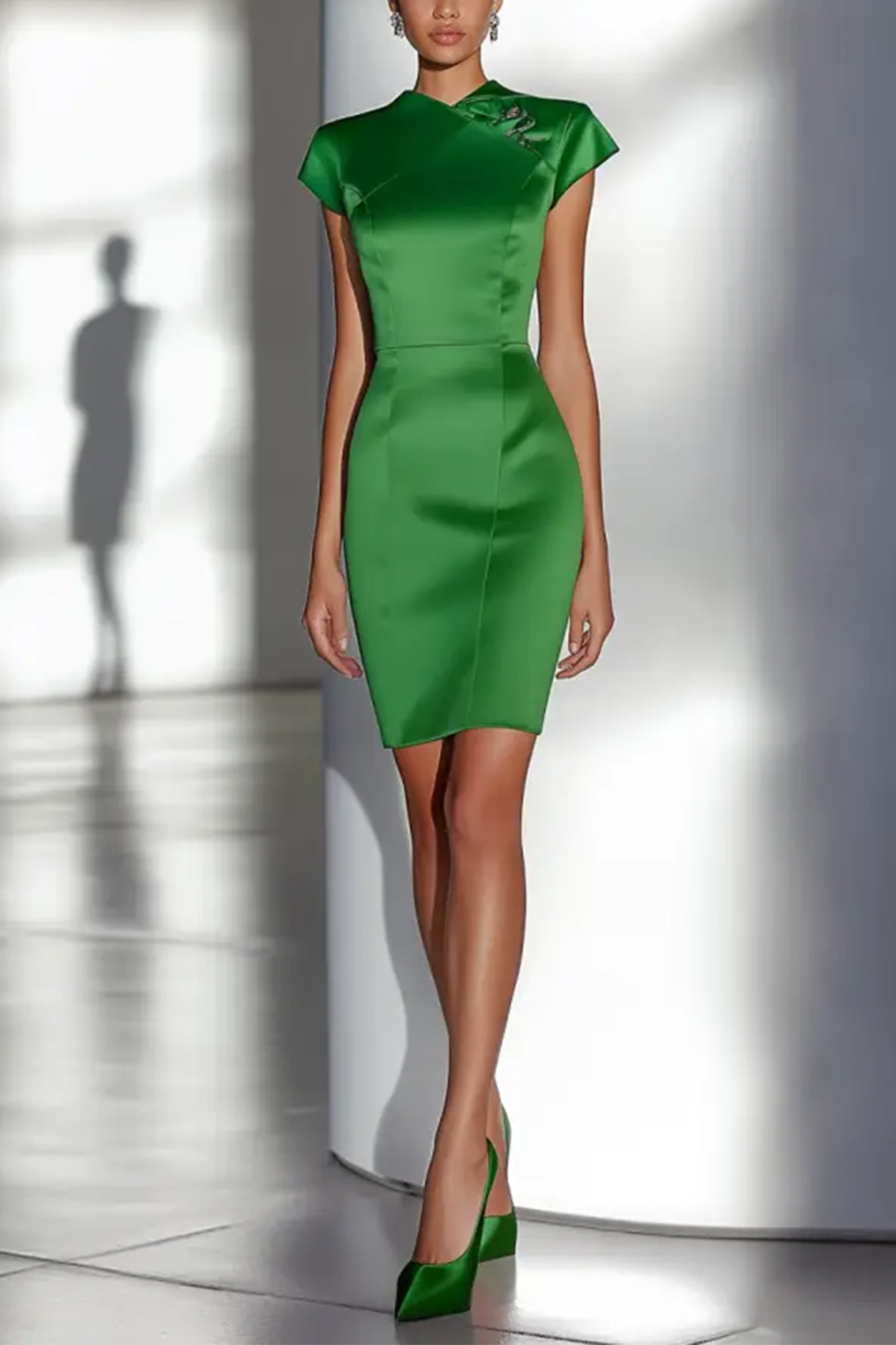 Semi-Formal Party Dress Green Satin Embellished Mini Dress