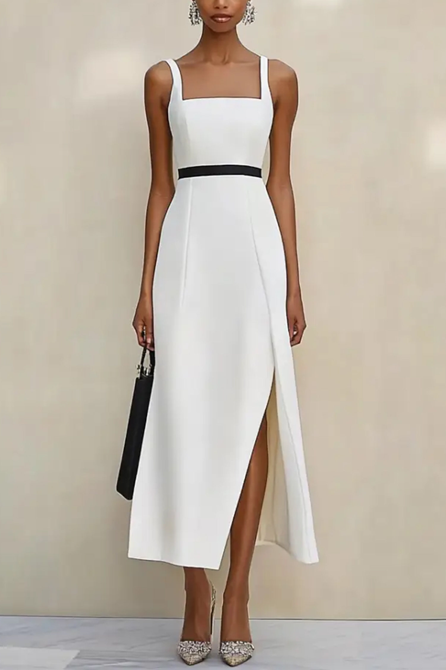 Embellished Belted Slit Woven Dress