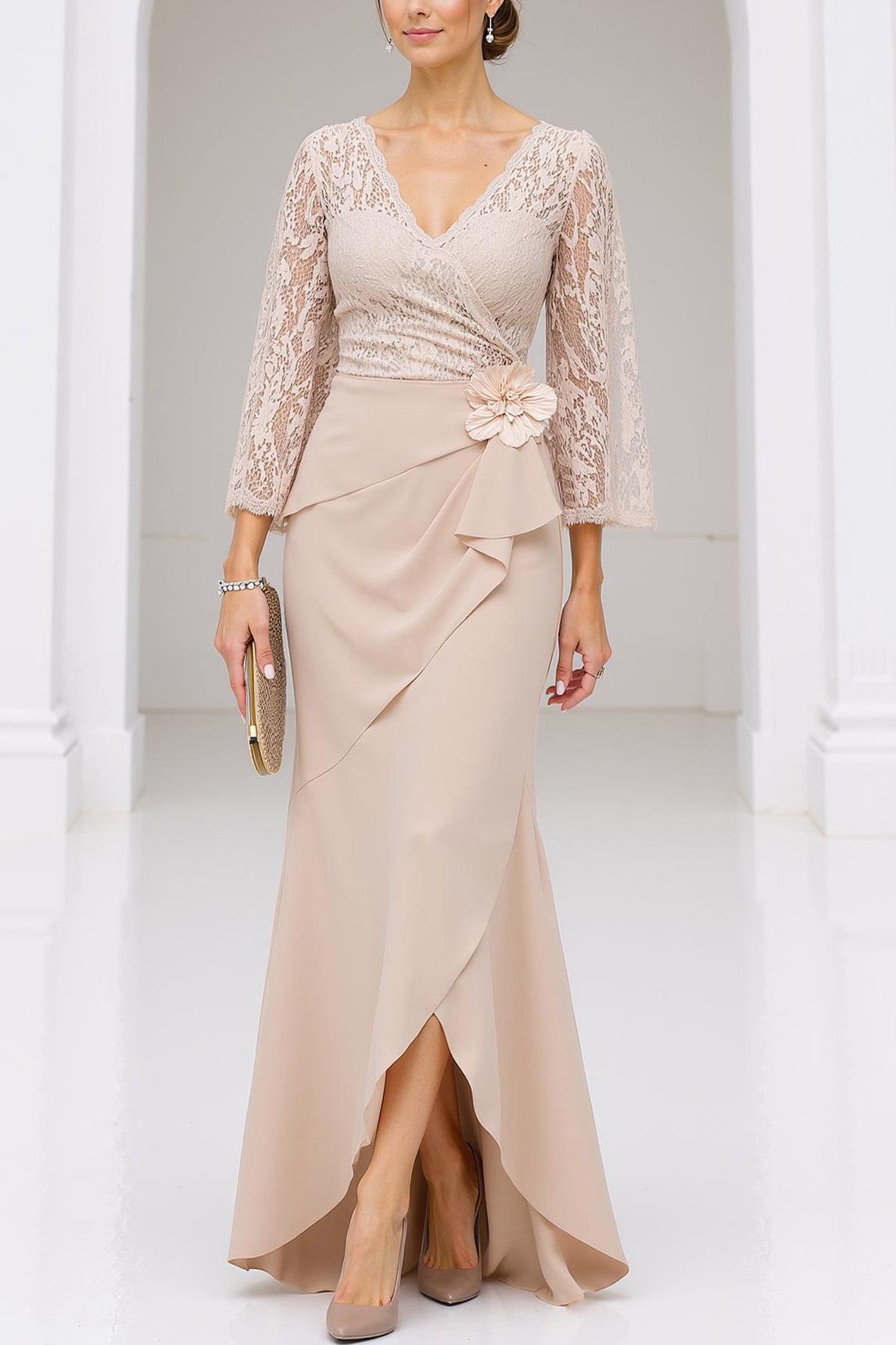 Mother of the Bride Dress Apricot Lace V Neck Flower Maxi Dress