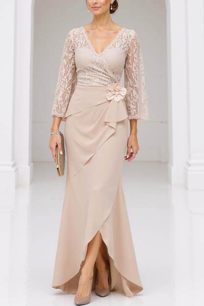 Mother of the Bride Dress Apricot Lace V Neck Flower Maxi Dress