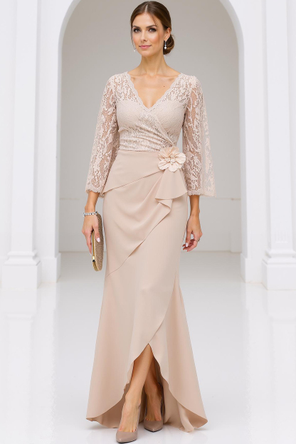 Mother of the Bride Dress Apricot Lace V Neck Flower Maxi Dress