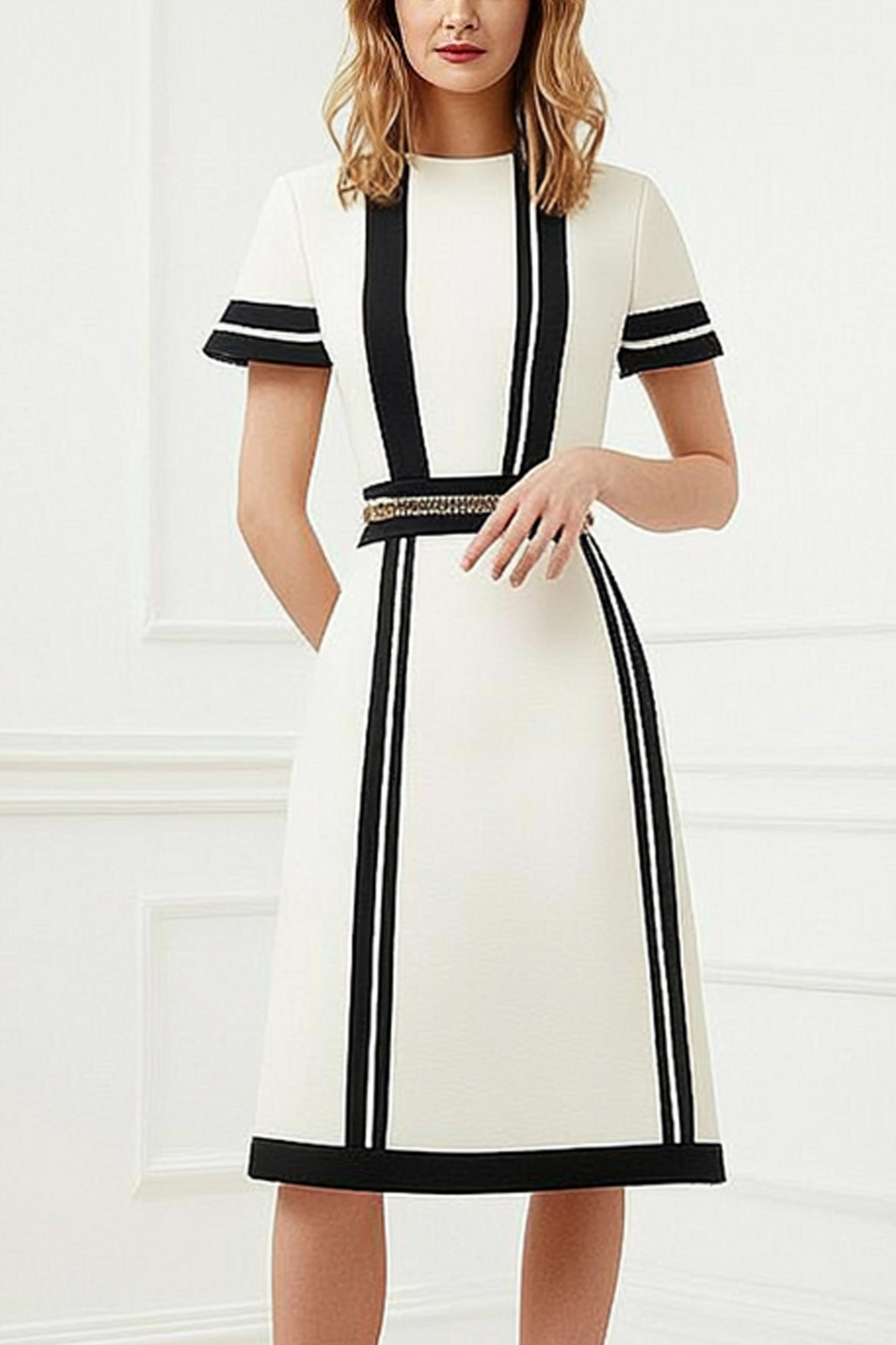 Semi-Formal Work Dress Black and White Colorblock Short Sleeve Midi Dress