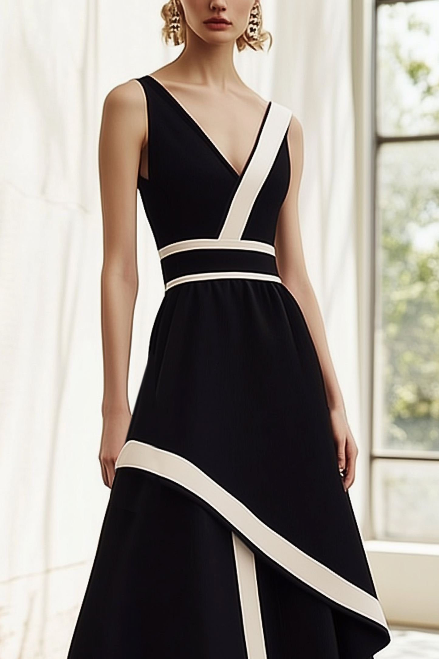 Cocktail Evening Dress Black and White V-Neck Flowy Maxi Dress