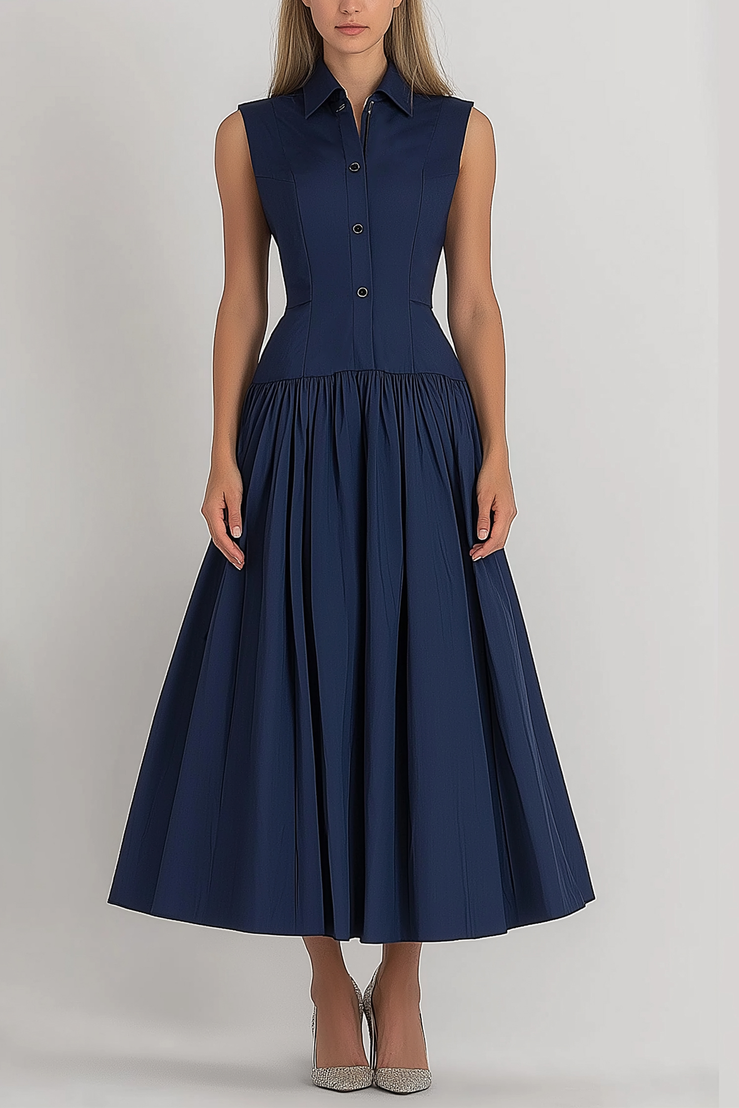 Daily Casual Dress Sleeveless Buttoned Lapel Dark Blue Maxi Dress