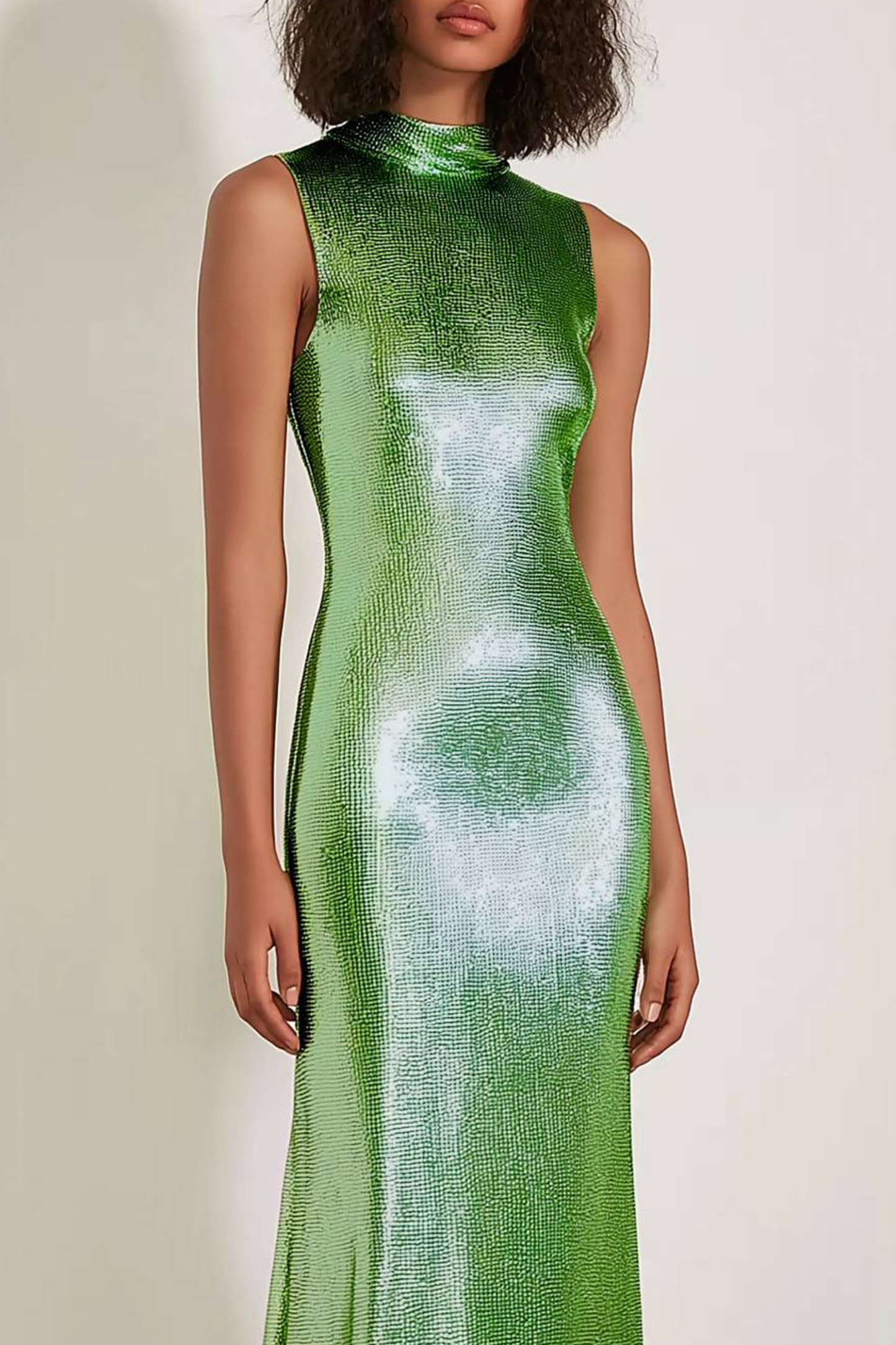 Prom Evening Dress High Neck Sequin Green Maxi Dress
