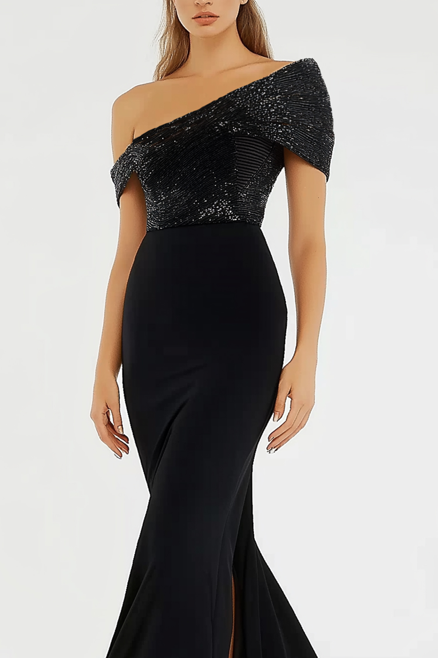Party Evening Dress One Shoulder Black Glitter Floor Length Dress with Slit