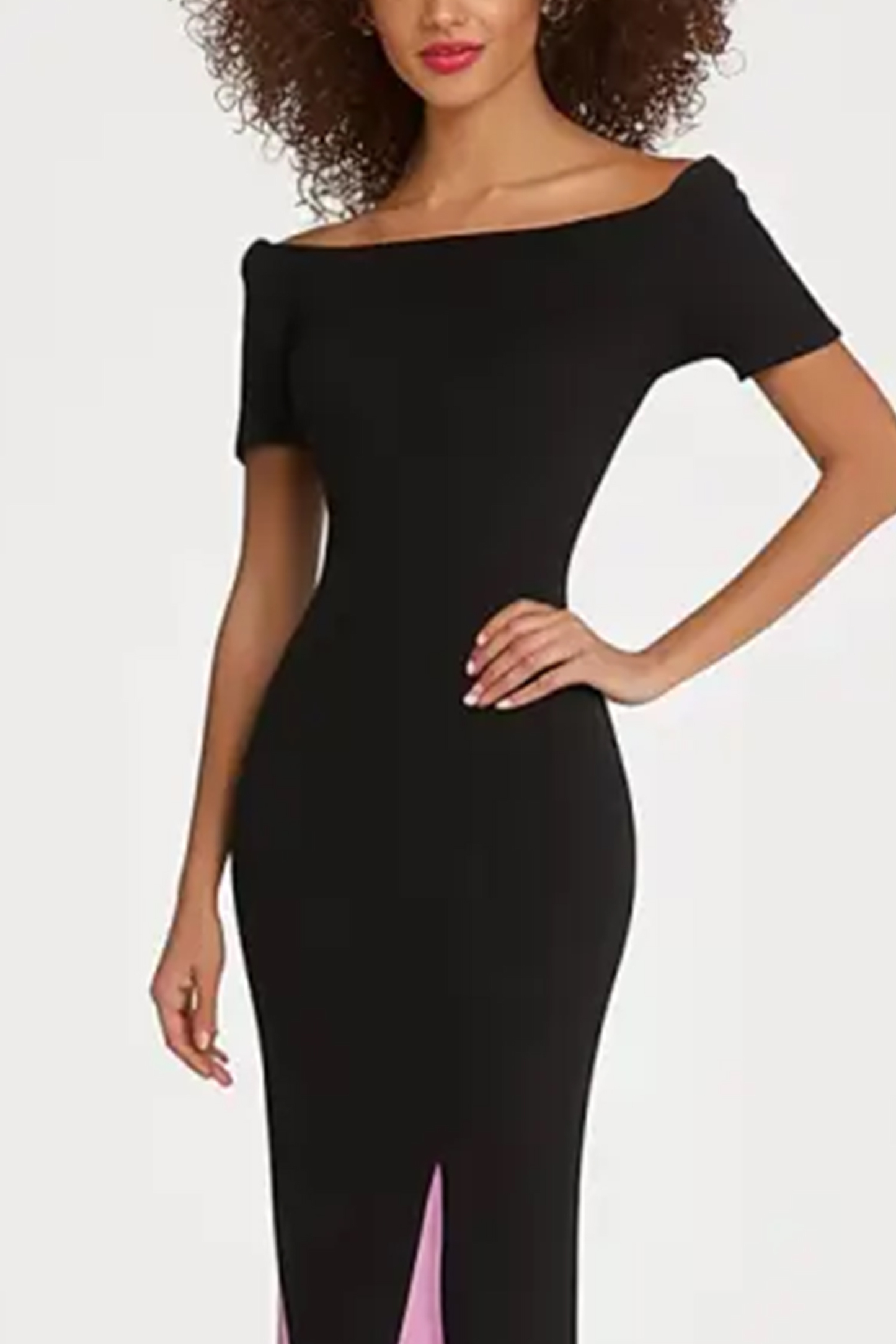 Semi-Formal Evening Dress Off Shoulder Black and Pink Colorblock Floor Length Dress