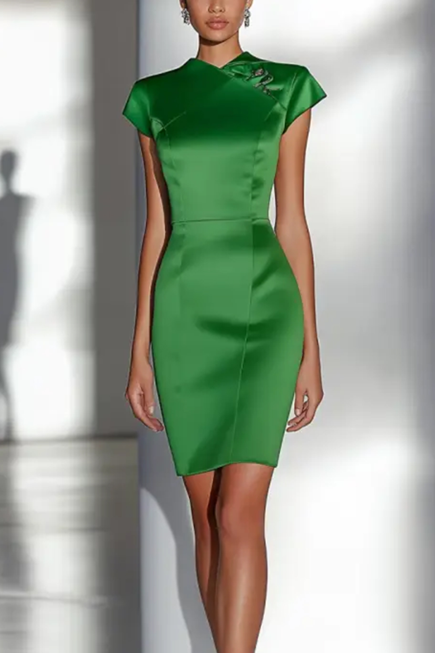 Semi-Formal Party Dress Green Satin Embellished Mini Dress