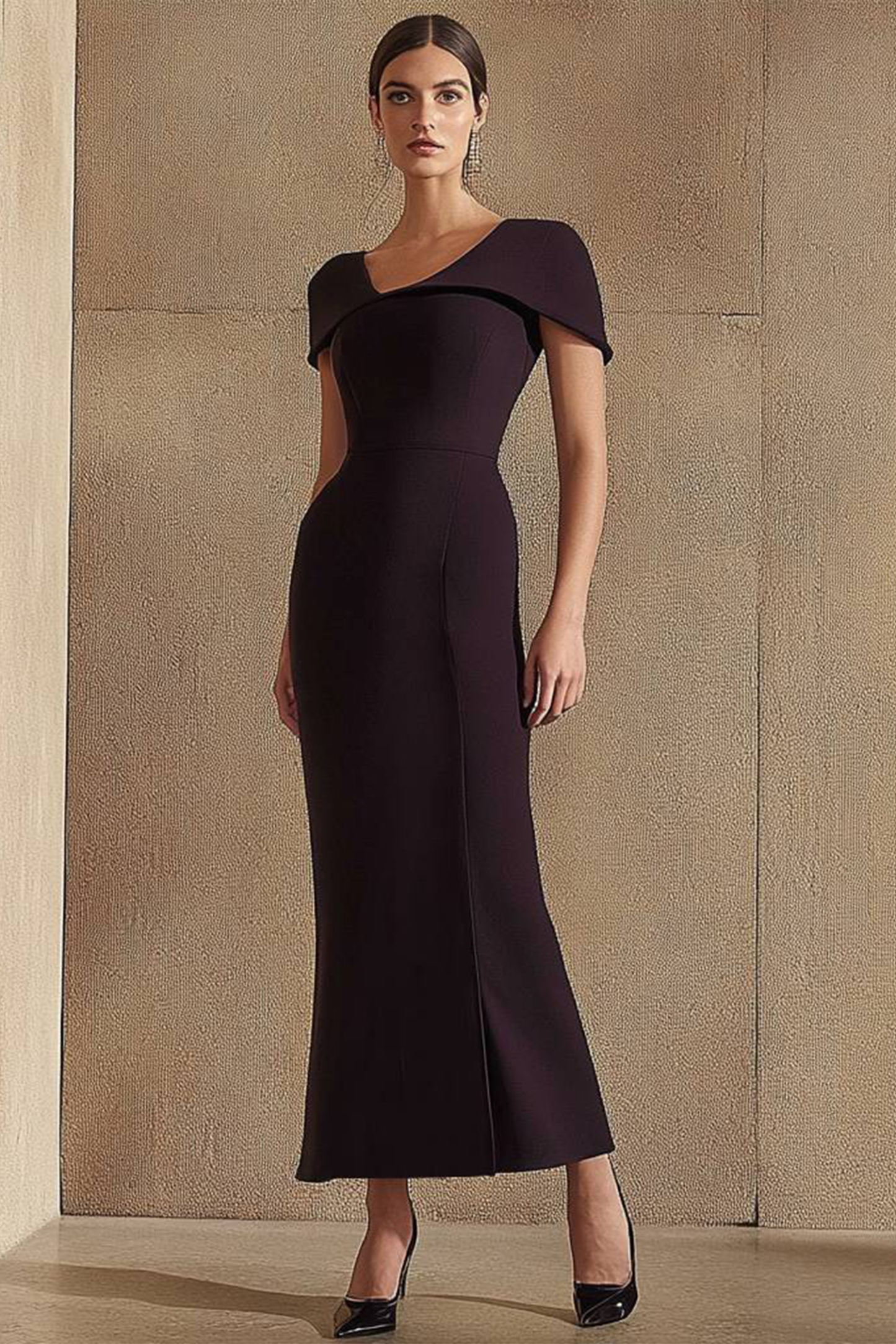 Party Formal Brown Dress V-Neck Short Sleeve Maxi Dress
