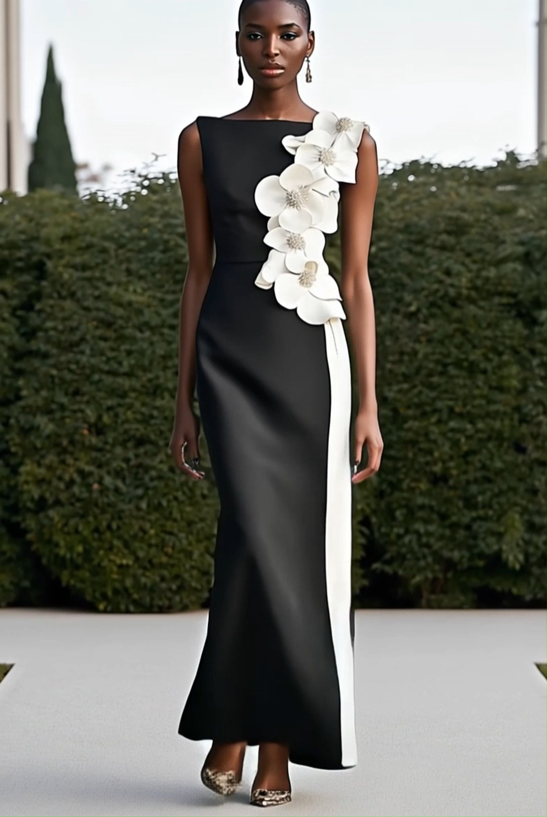 Daily Party Work Black White 3D Flower Maxi Dress