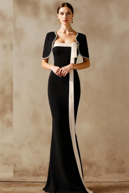 Black Formal Evening Dress Mermaid Cape Maxi Dress 