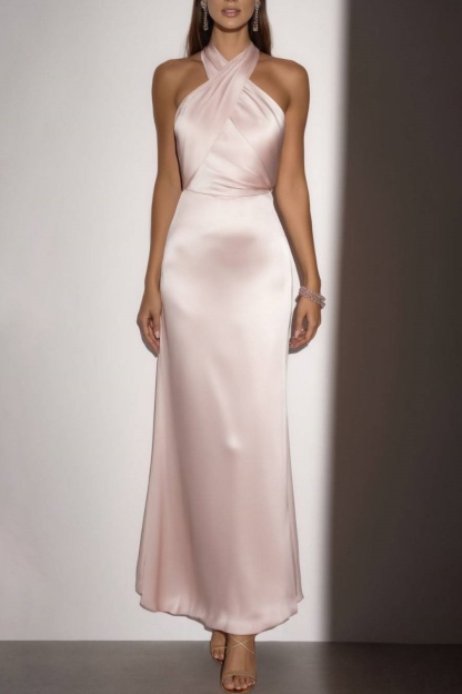 ​Formal​ ​Wedding Guest Dress Satin Pink Halter Neck  Maxi Dress