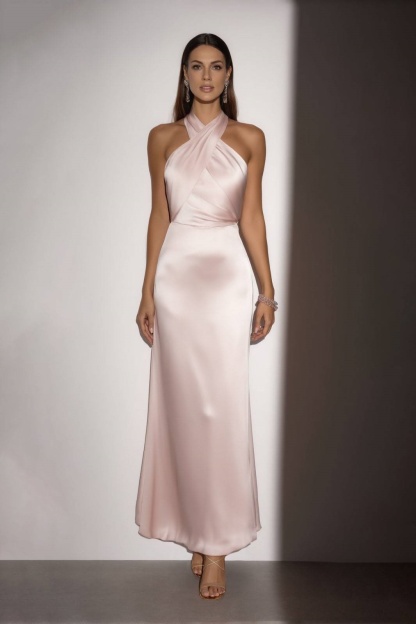 ​Formal​ ​Wedding Guest Dress Satin Pink Halter Neck  Maxi Dress