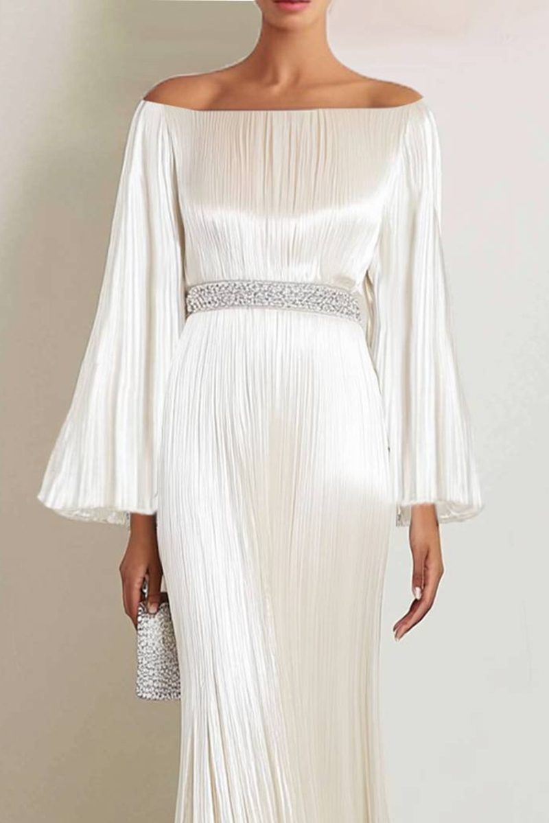 Formal Evening Gown Off Shoulder White Long Dress Pleated Satin Maxi Dress