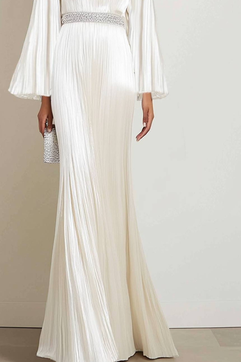 Formal Evening Gown Off Shoulder White Long Dress Pleated Satin Maxi Dress