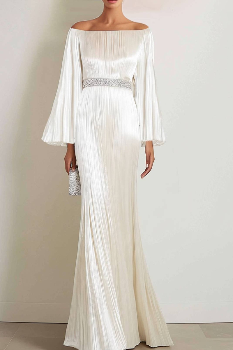 Formal Evening Gown Off Shoulder White Long Dress Pleated Satin Maxi Dress