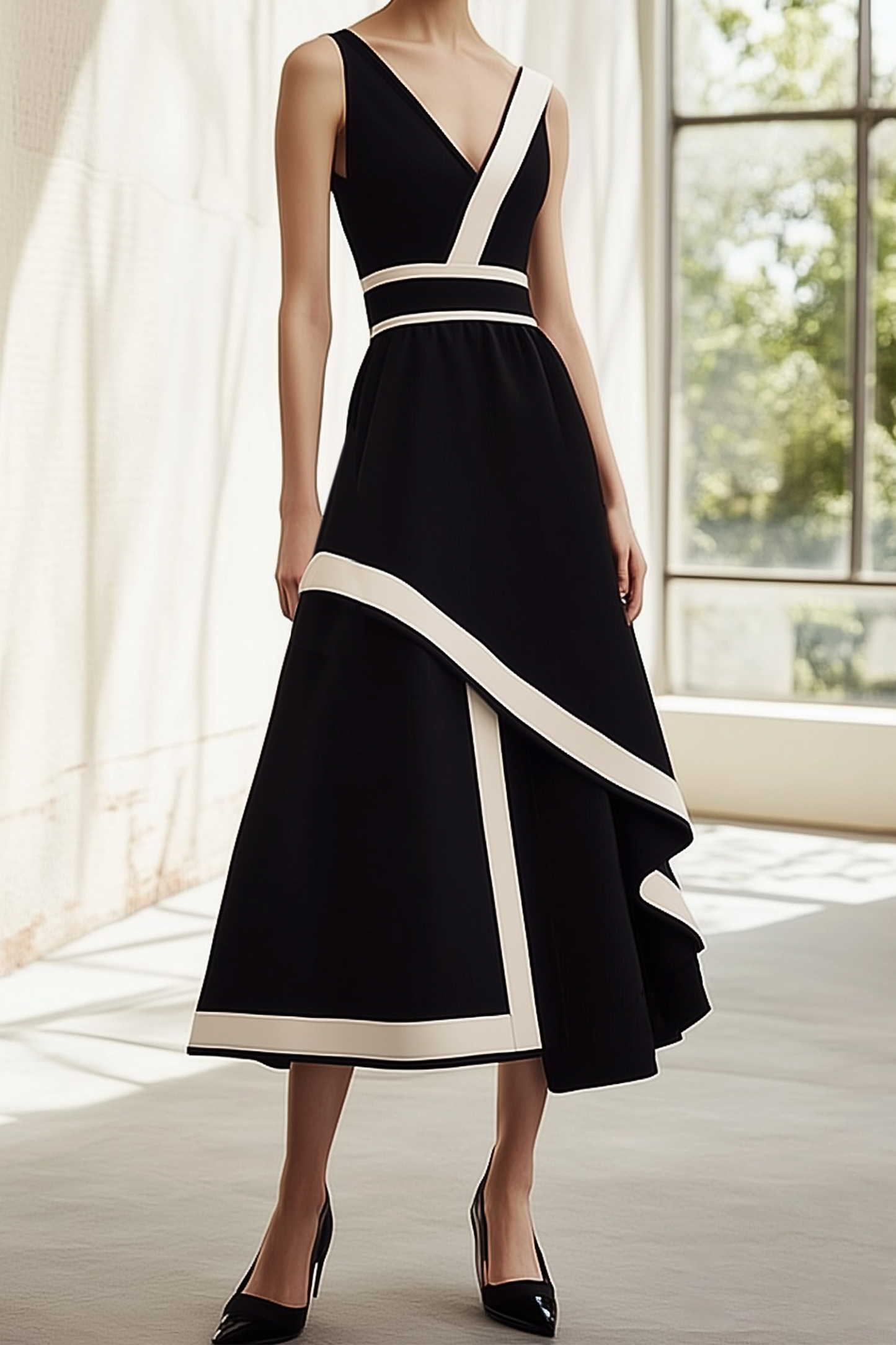 Cocktail Evening Dress Black and White V-Neck Flowy Maxi Dress