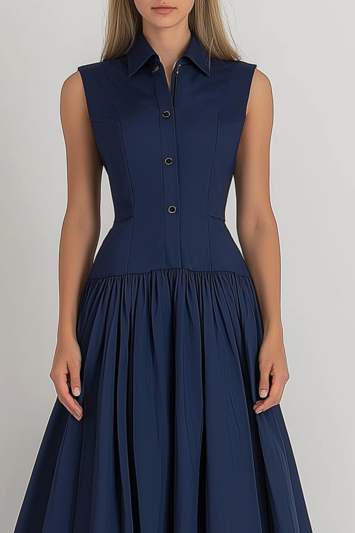 Daily Casual Dress Sleeveless Buttoned Lapel Dark Blue Maxi Dress