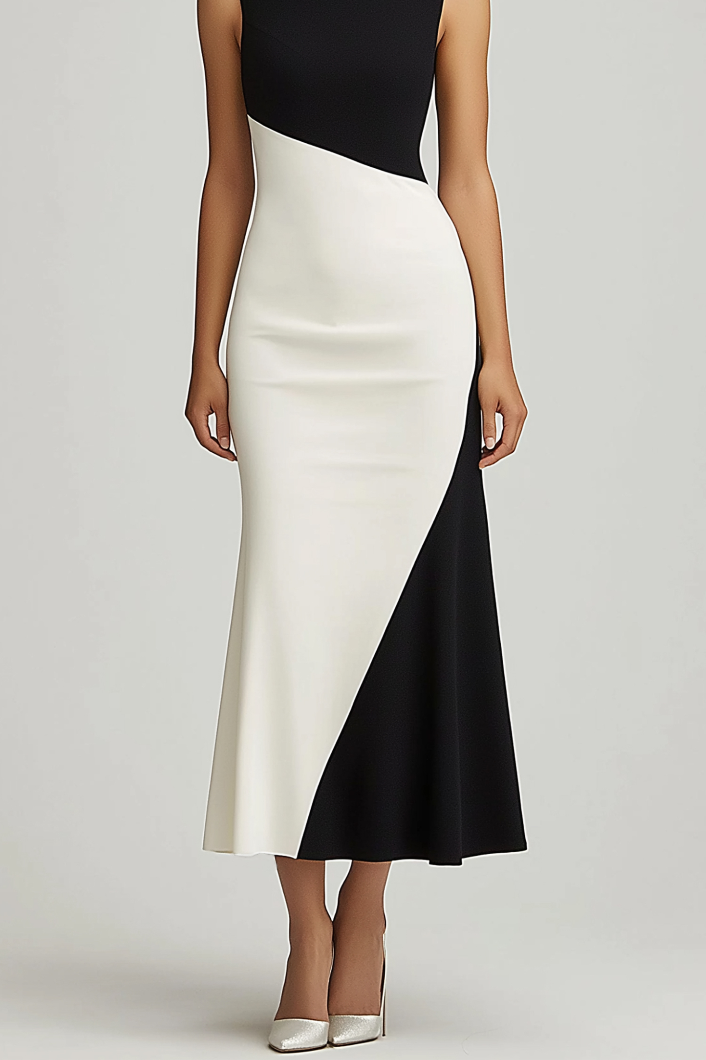 Prom Party Dress Sleeveless Black and White Colorblock High Neck Maxi Dress