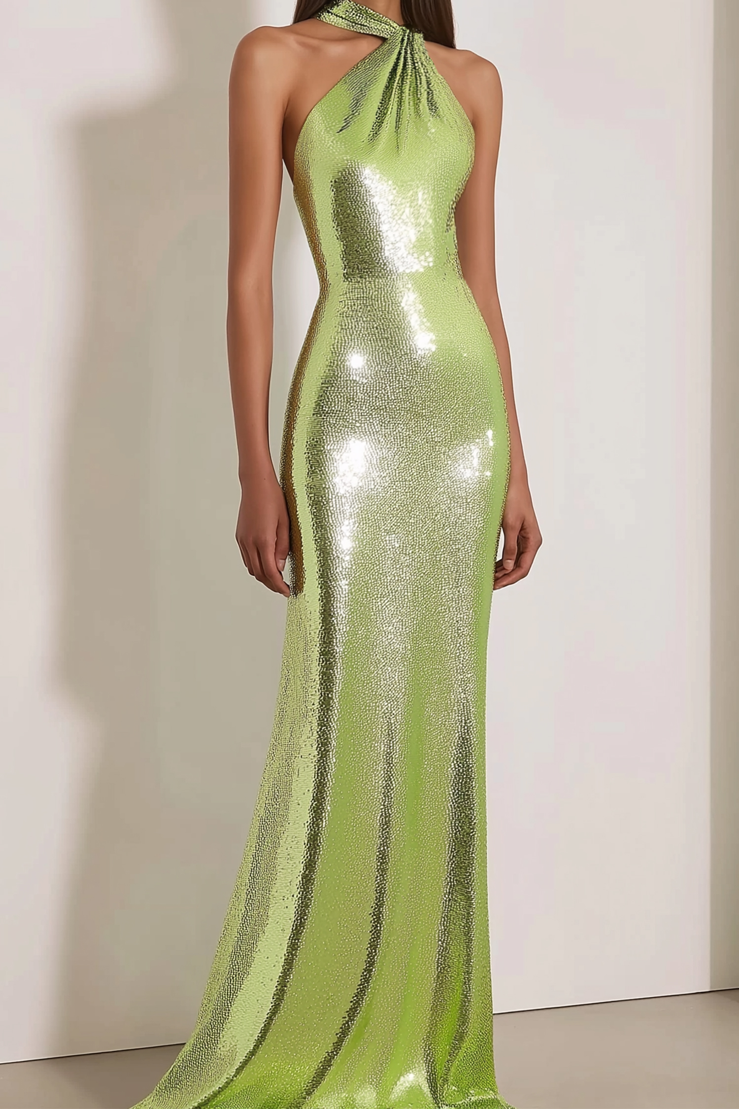 Prom Evening Dress Halter Neck Sequin Light Green Flowy Maxi Dress