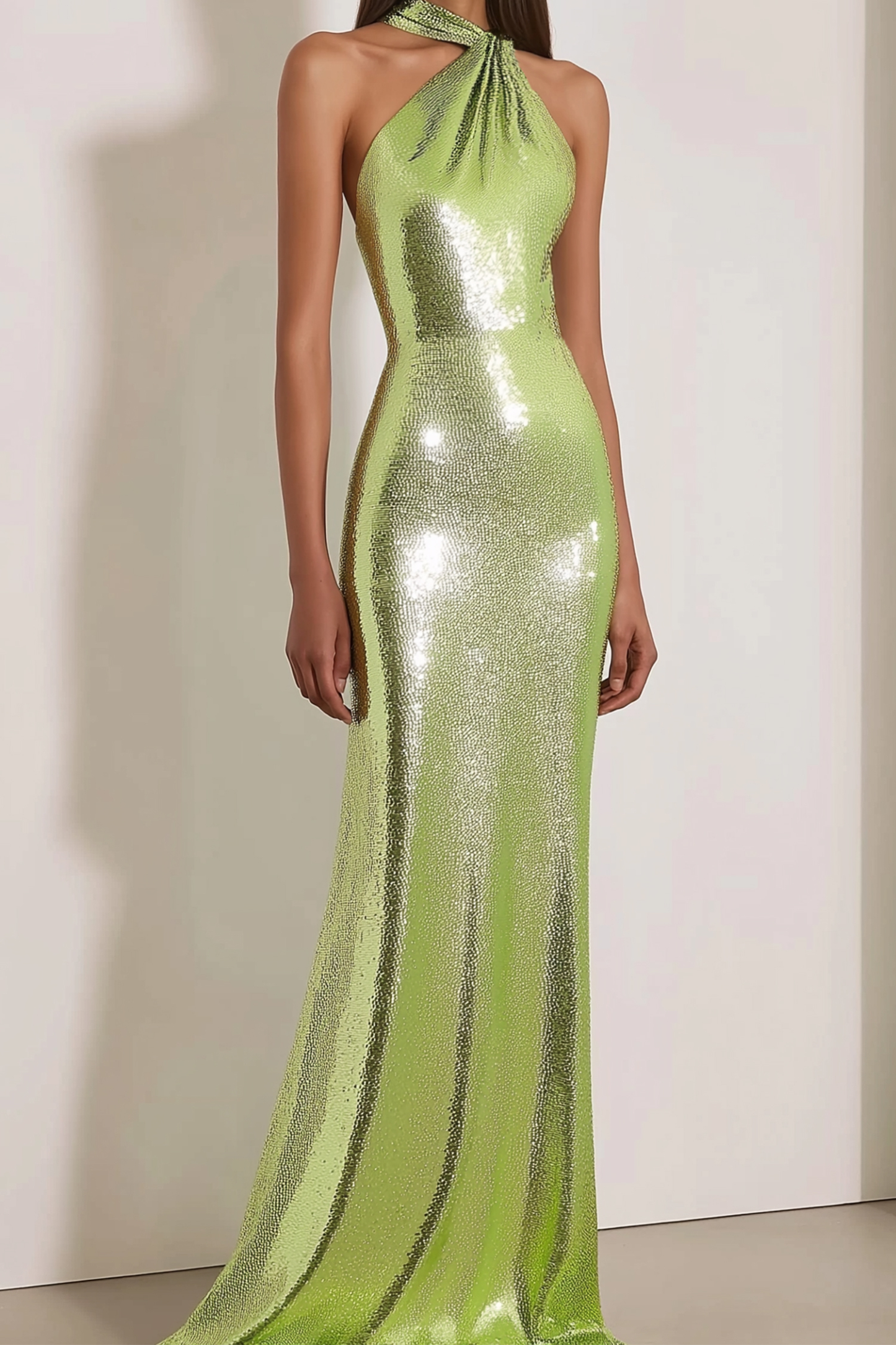Prom Evening Dress Halter Neck Sequin Light Green Flowy Maxi Dress