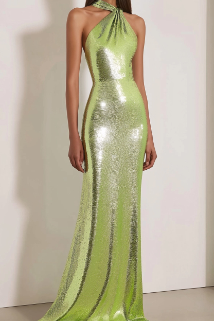 Prom Evening Dress Halter Neck Sequin Light Green Flowy Maxi Dress