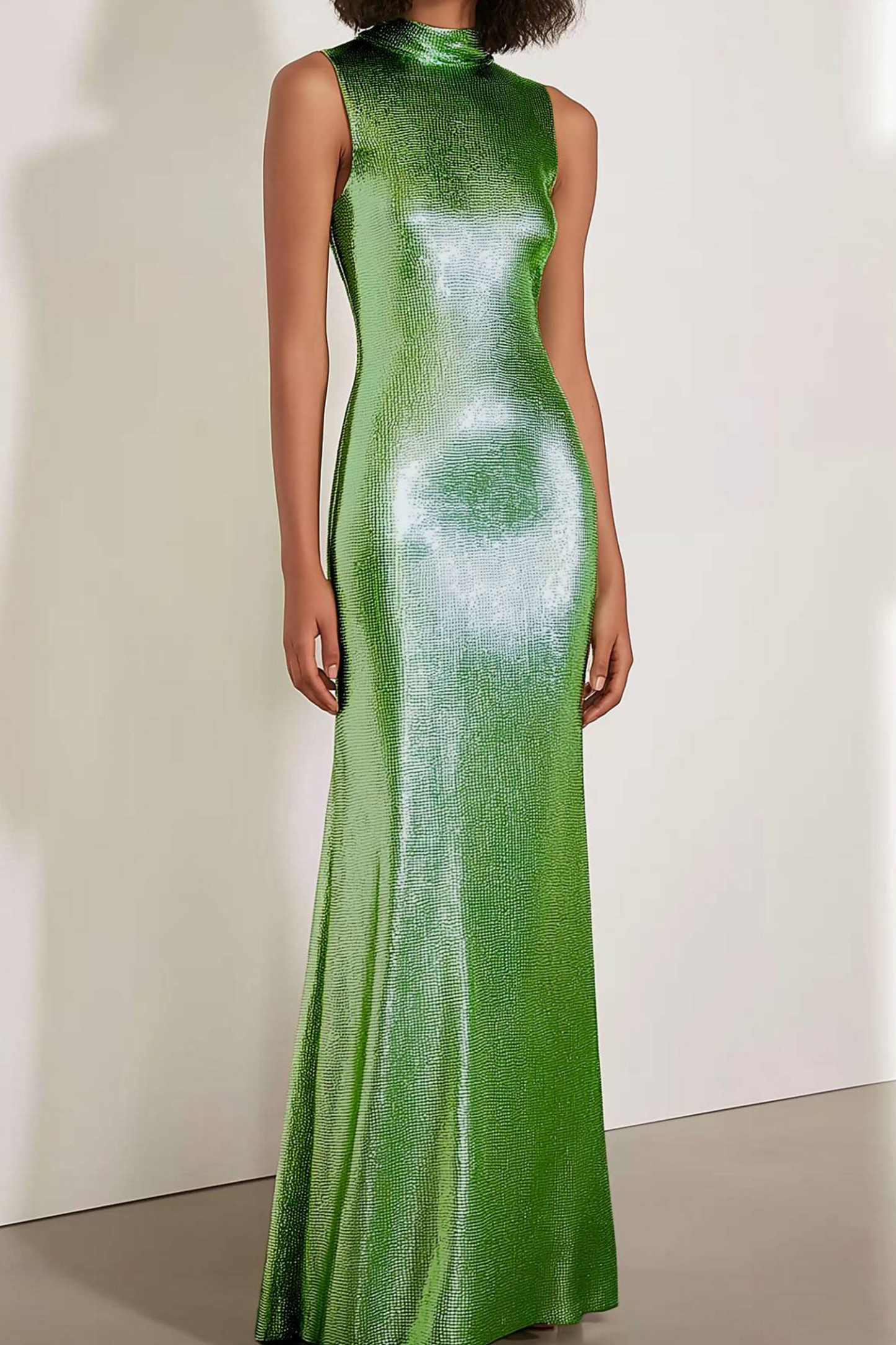 Prom Evening Dress High Neck Sequin Green Maxi Dress