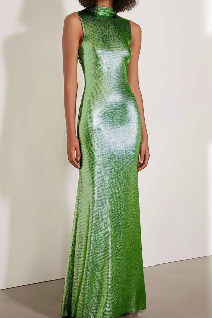 Prom Evening Dress High Neck Sequin Green Maxi Dress