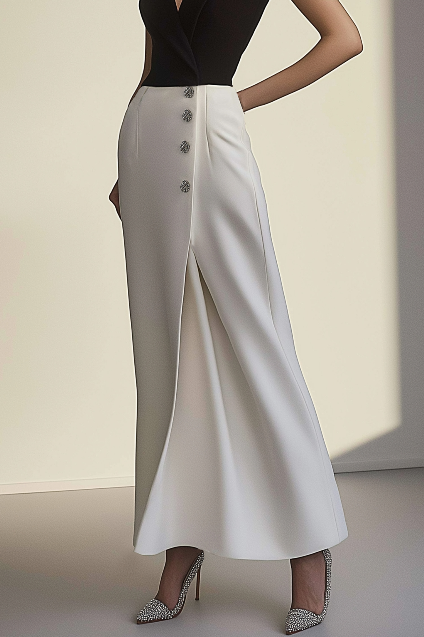 Work Semi-Formal Dress Black and White Colorblock Lapel V-Neck Diamond Maxi Dress
