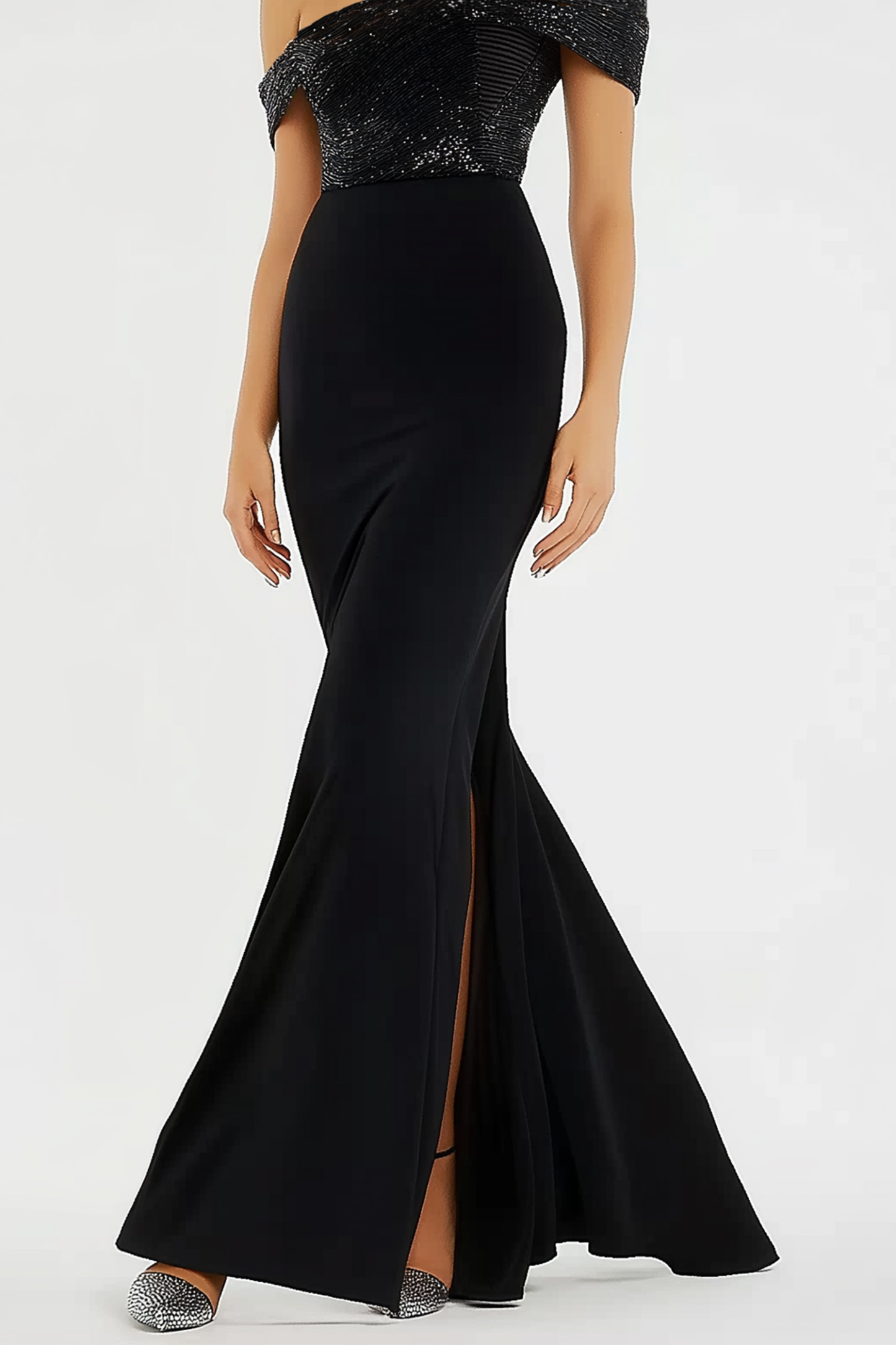 Party Evening Dress One Shoulder Black Glitter Floor Length Dress with Slit