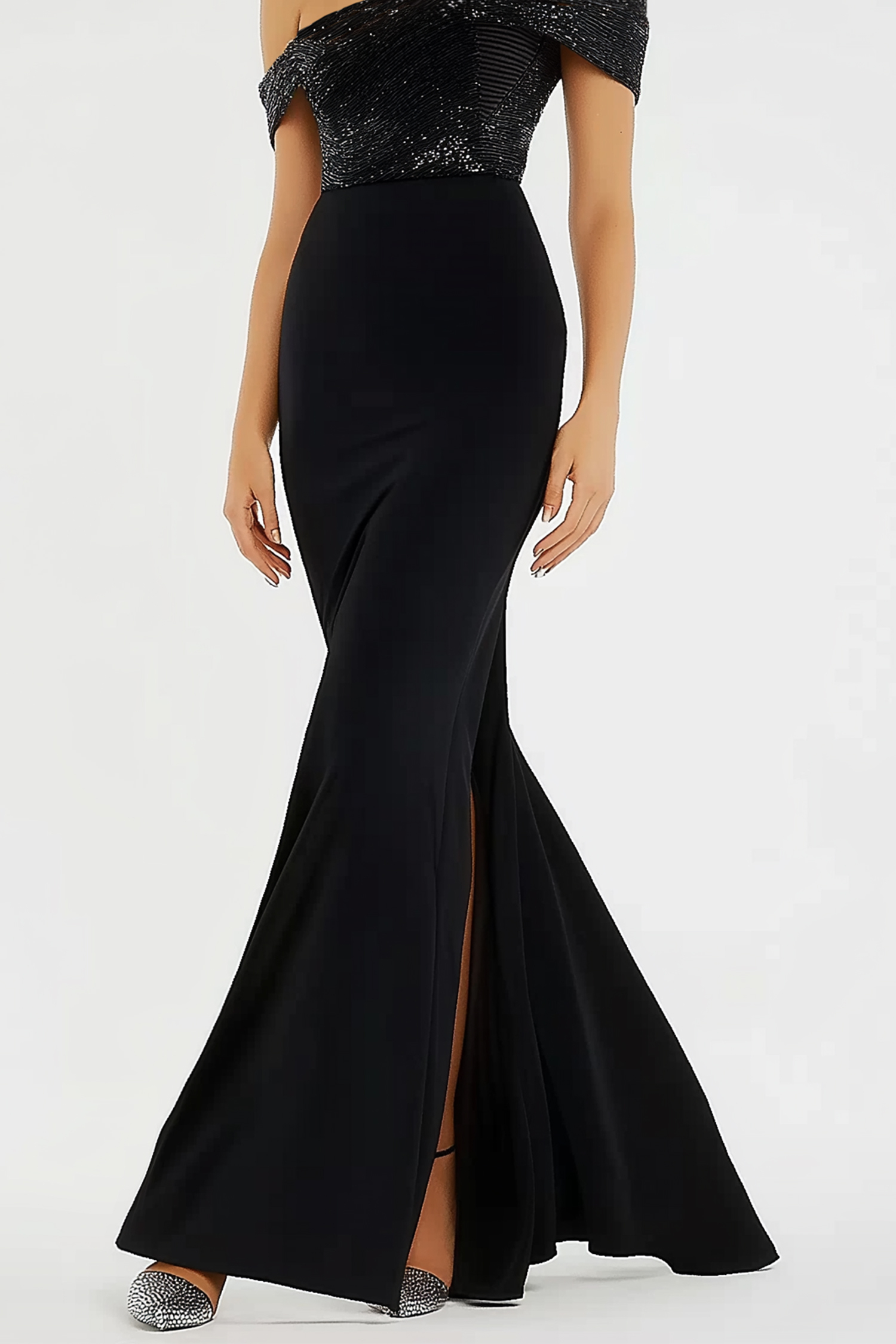 Party Evening Dress One Shoulder Black Glitter Floor Length Dress with Slit