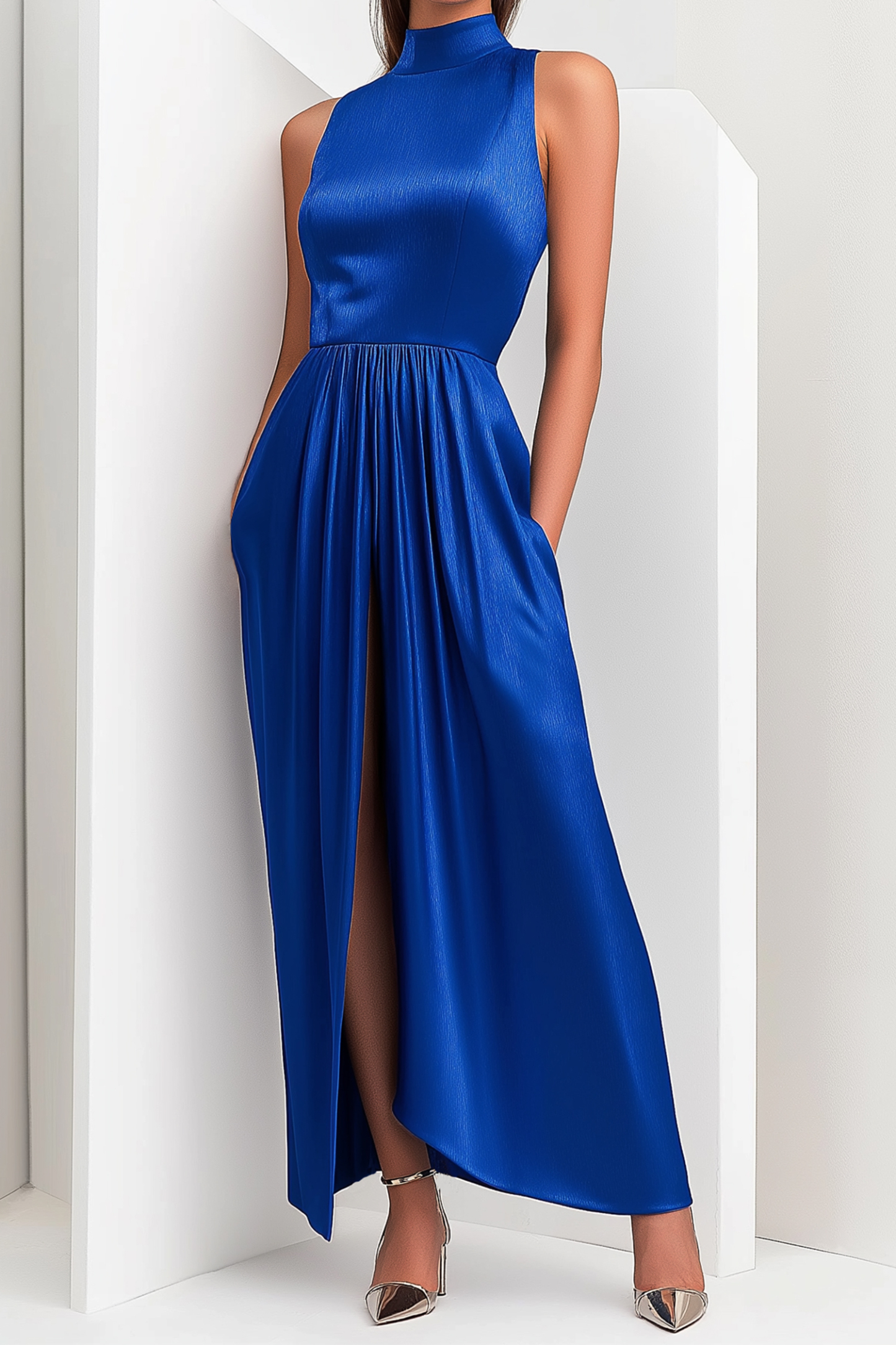 Party Cocktail Blue Dress High Neck Sleeveless Slit Maxi Dress