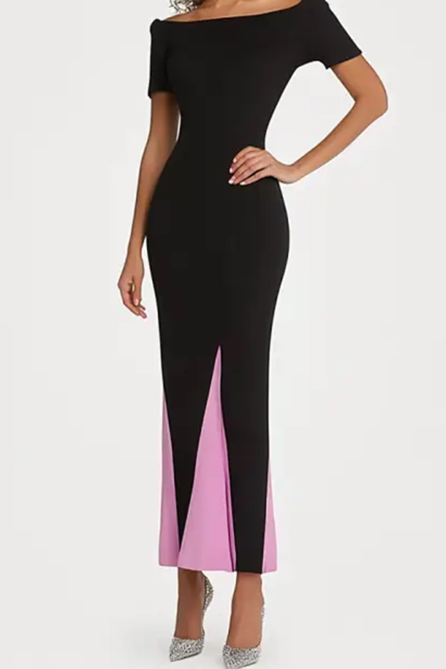 Semi-Formal Evening Dress Off Shoulder Black and Pink Colorblock Floor Length Dress