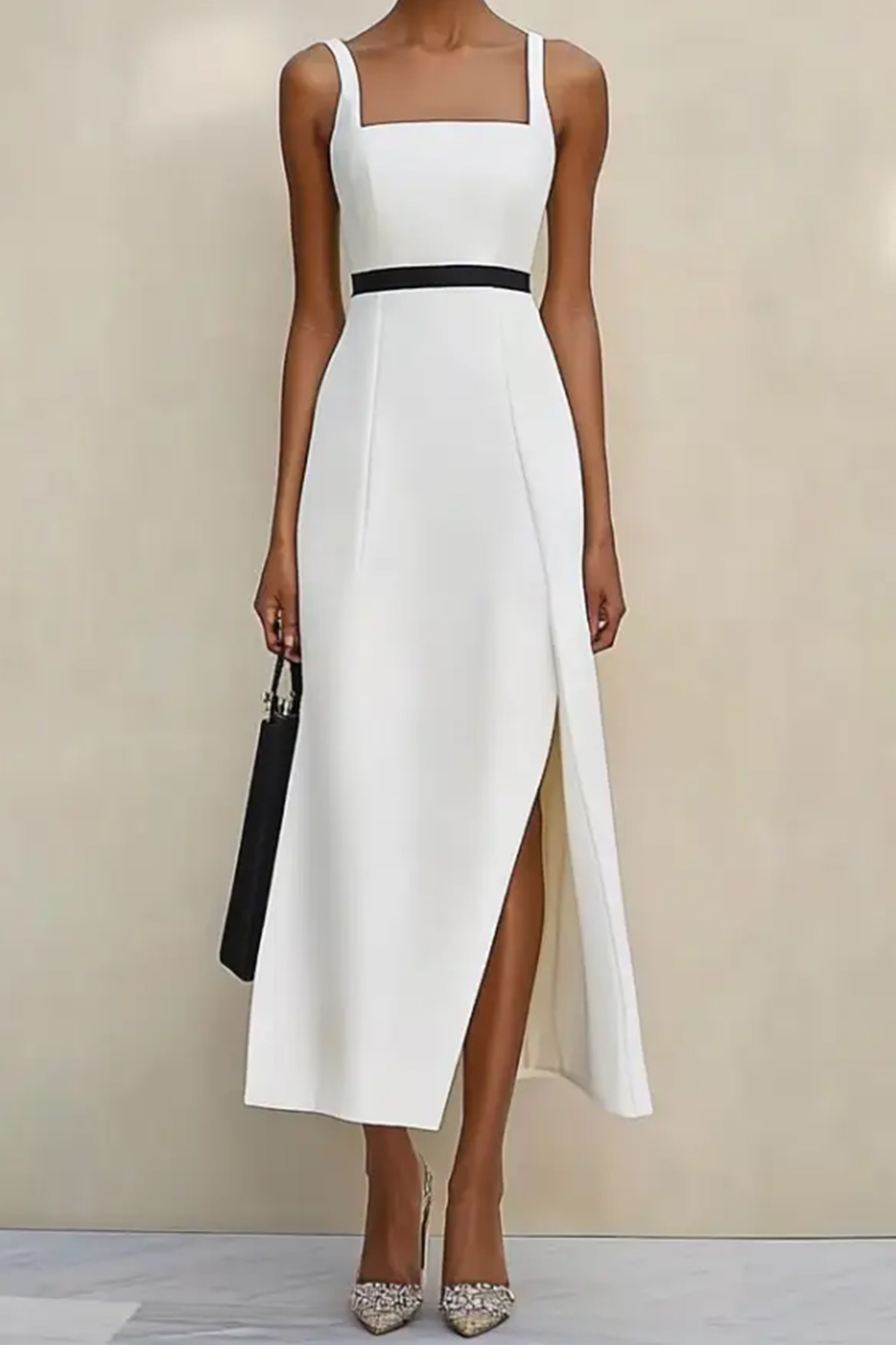 Daily Party White Dress Strap Belt Embellished Slit Maxi Dress Dress