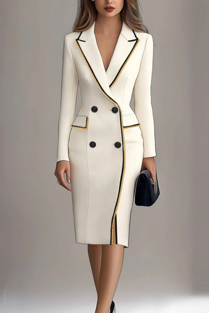 Work Business Blazer Dress Lapel Pearl Long Sleeve Midi Dress