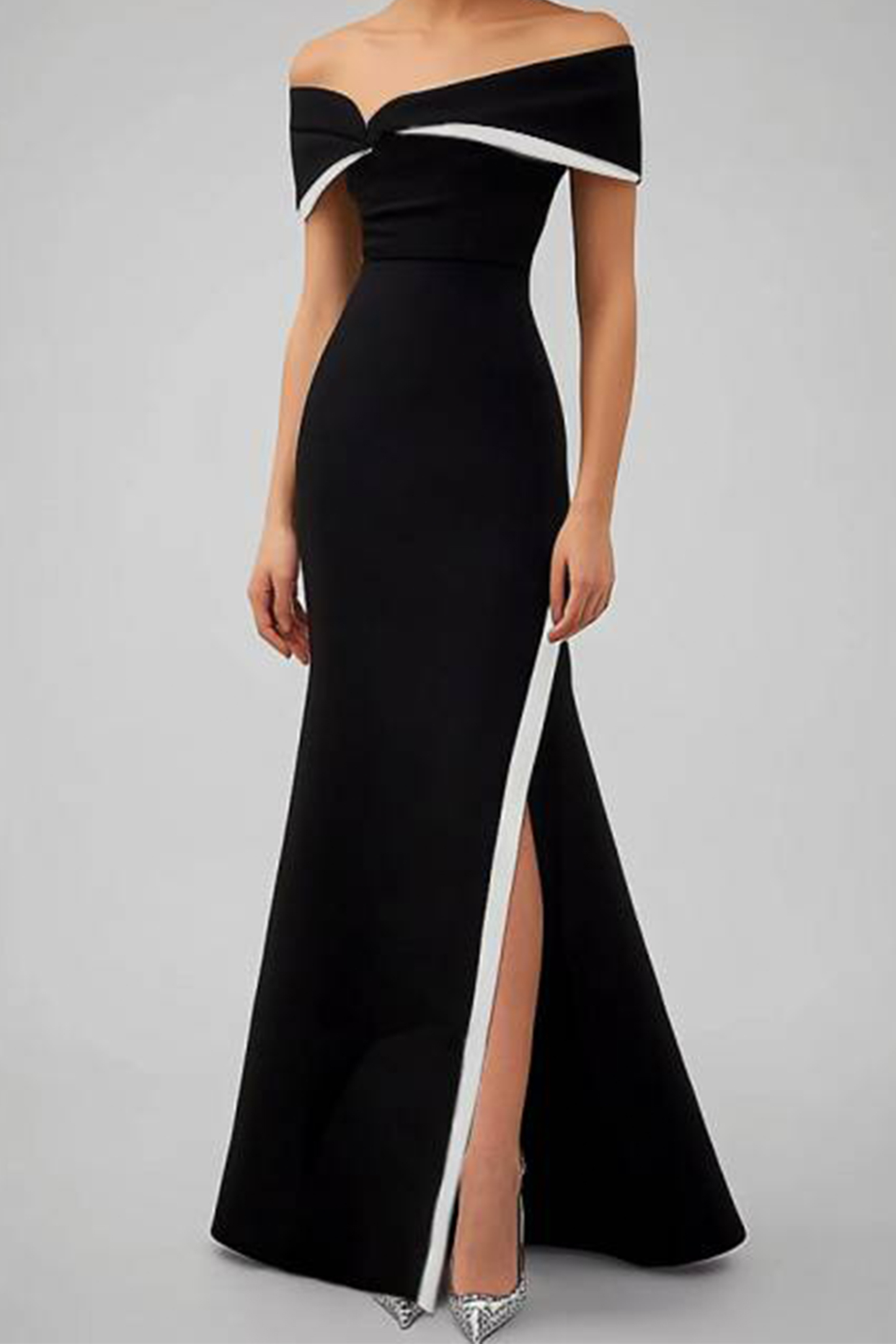 Prom Evening Dress Black and White Off Shoulder High Slit Maxi Dress