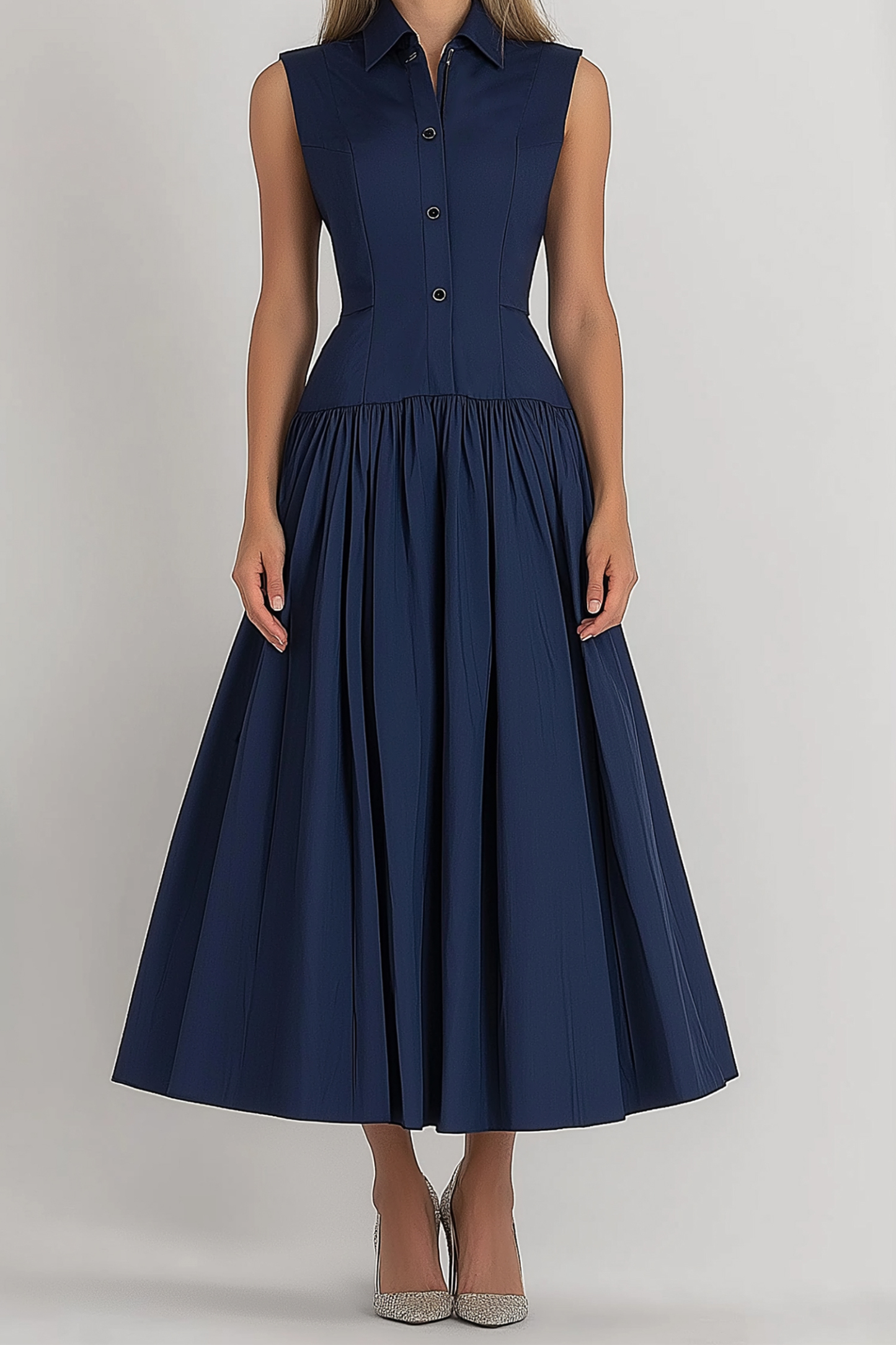 Daily Casual Dress Sleeveless Buttoned Lapel Dark Blue Maxi Dress