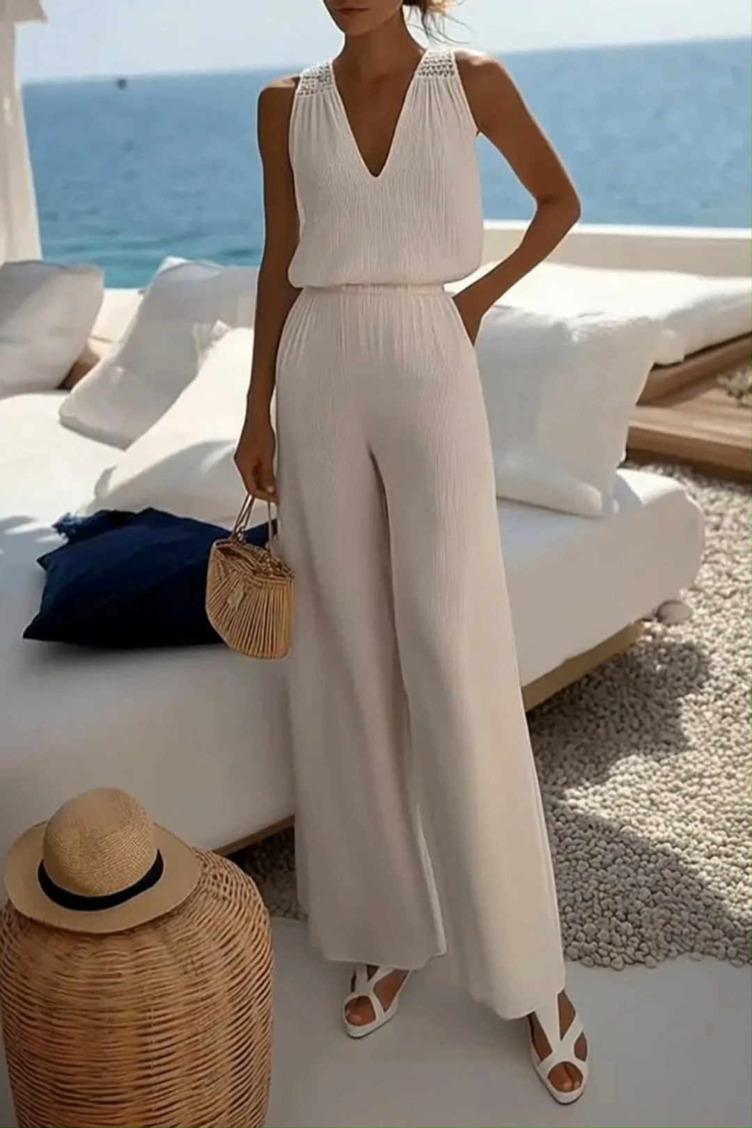 Daily Vacation Jumpsuit Beige V-Neck Sleeveless Pocket Jumpsuit