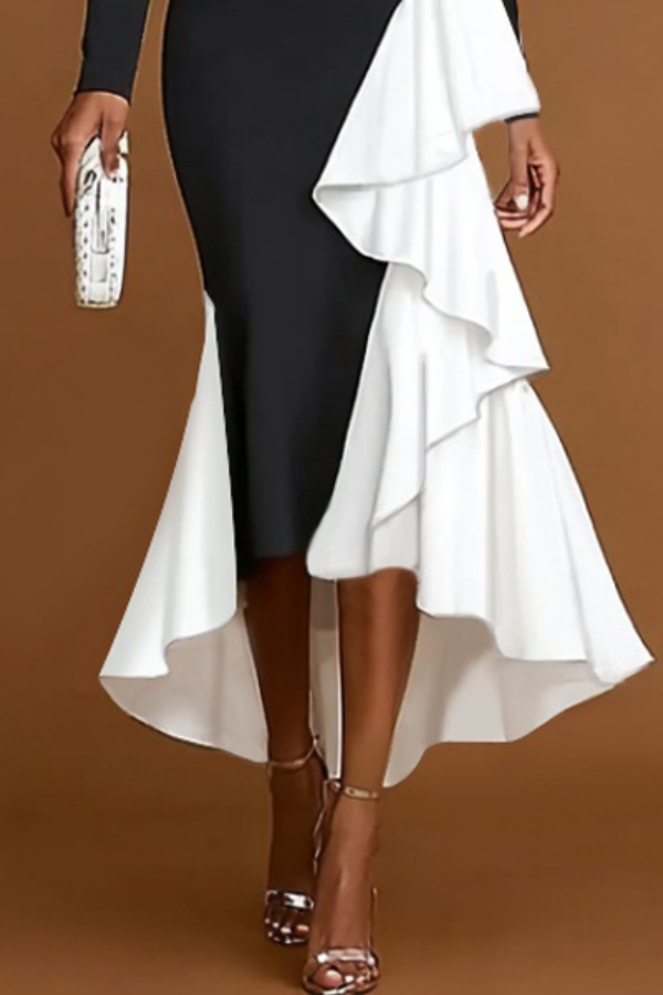 Formal Evening Dress Black White Stand Collar Ruffle Maxi Dress