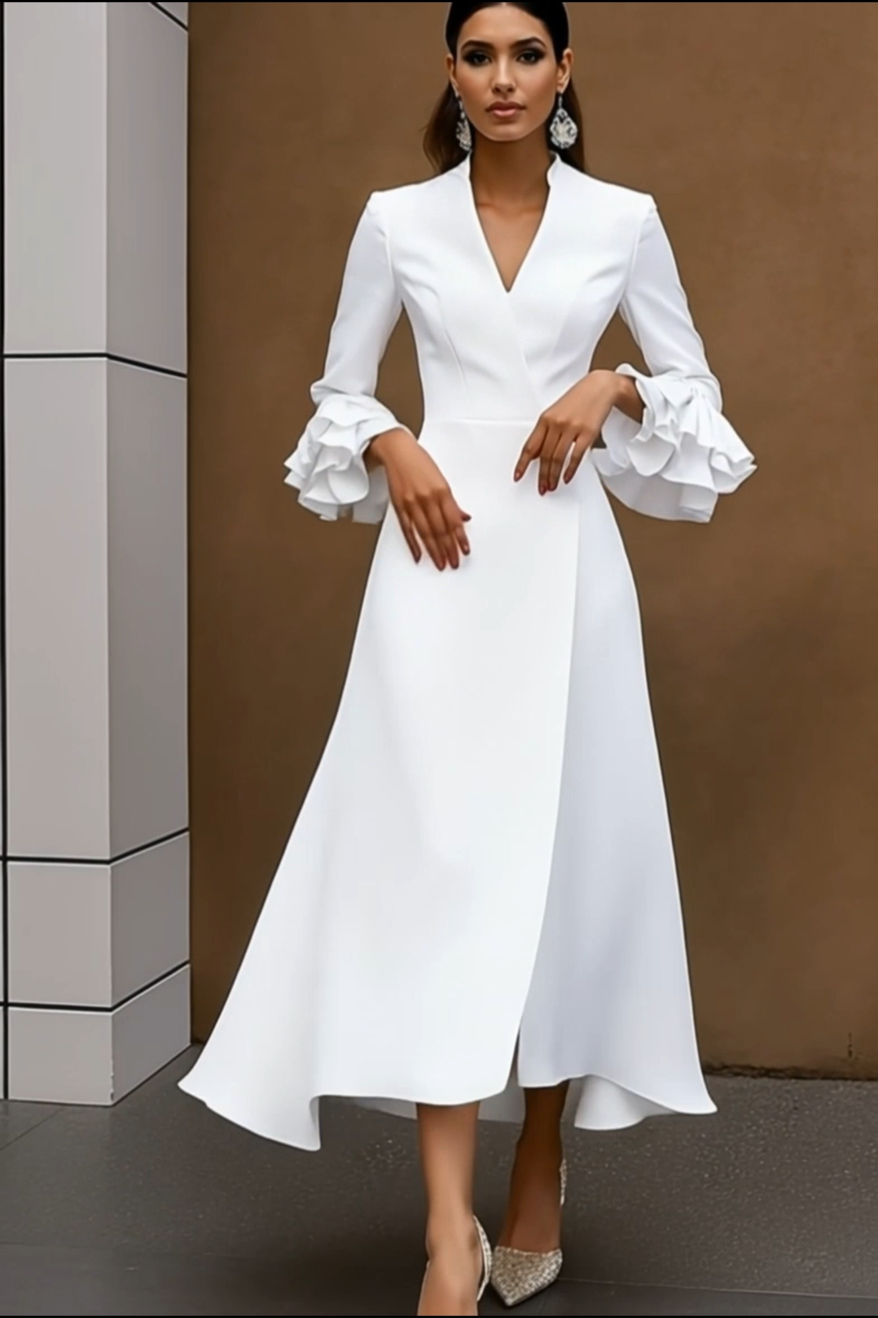 Semiformal Party Blazer Dress White Ruffle Sleeve A Line with Pockets Midi Dress