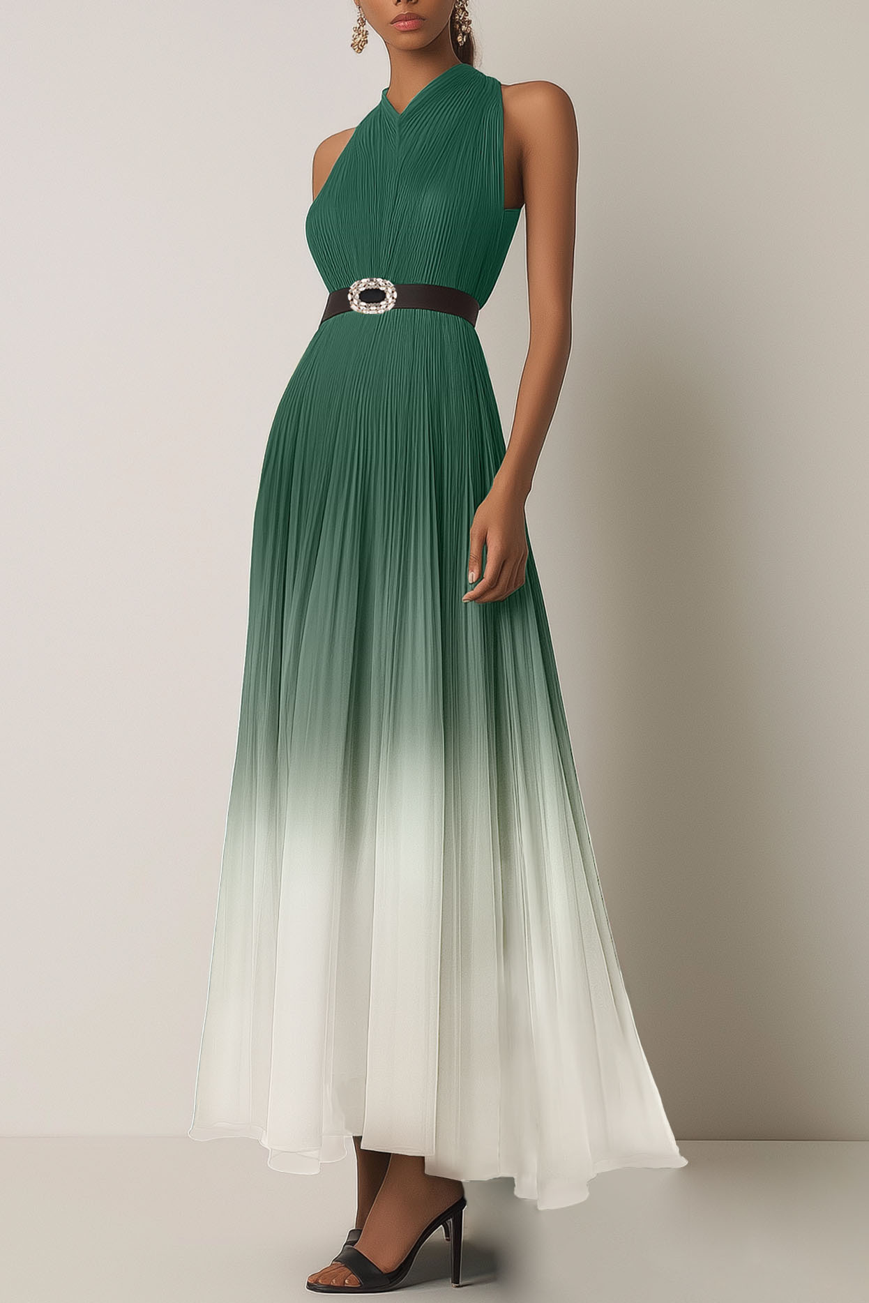 Evening Dress Green-White Ombre Pleated Chiffon Waist Tie Maxi Dress