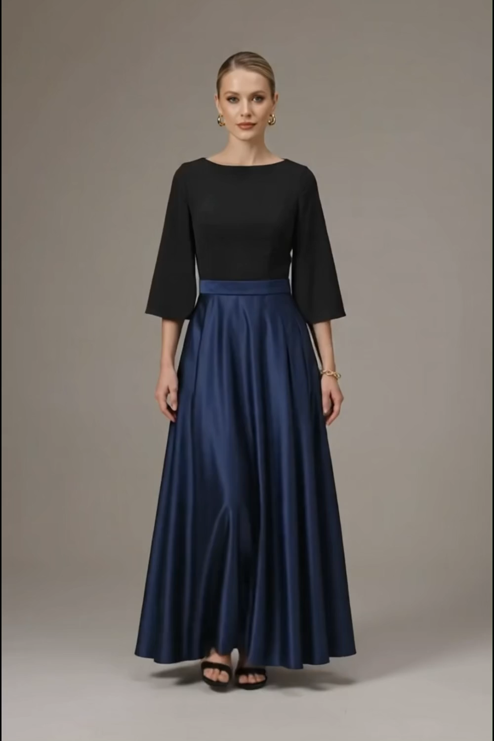 Evening Formal Dress Golden A-Line Crew Neck Satin Maxi Dress 
