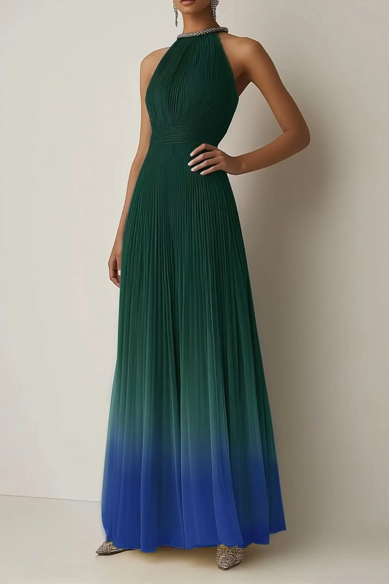Evening Halter Dress Green-Blue Ombre Pleated Chiffon Maxi Dress