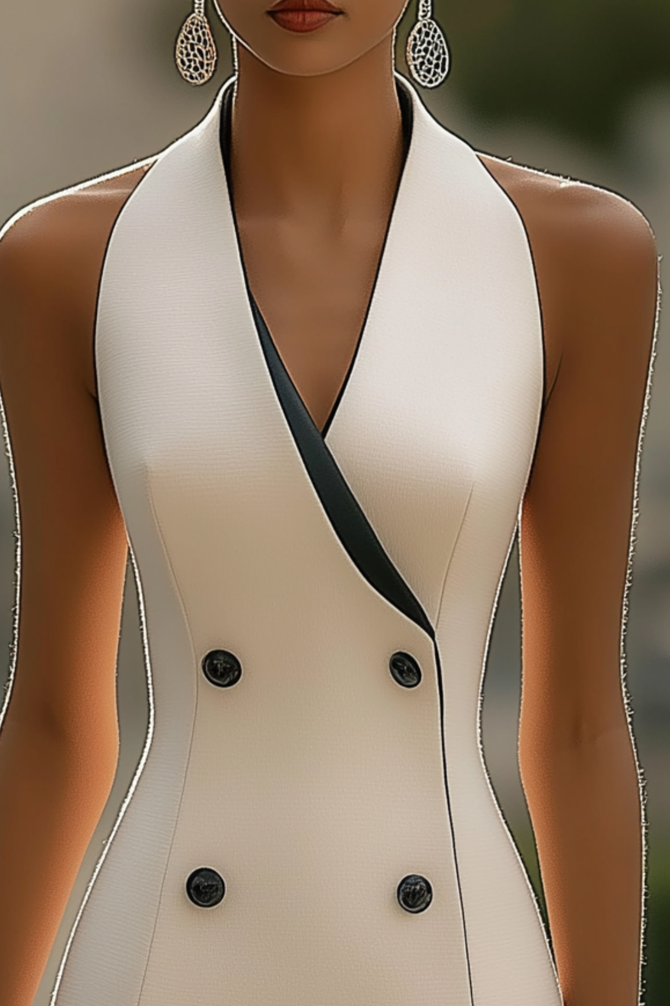 Work Dress Black White Double Breasted Knee-Length Sheath Dress