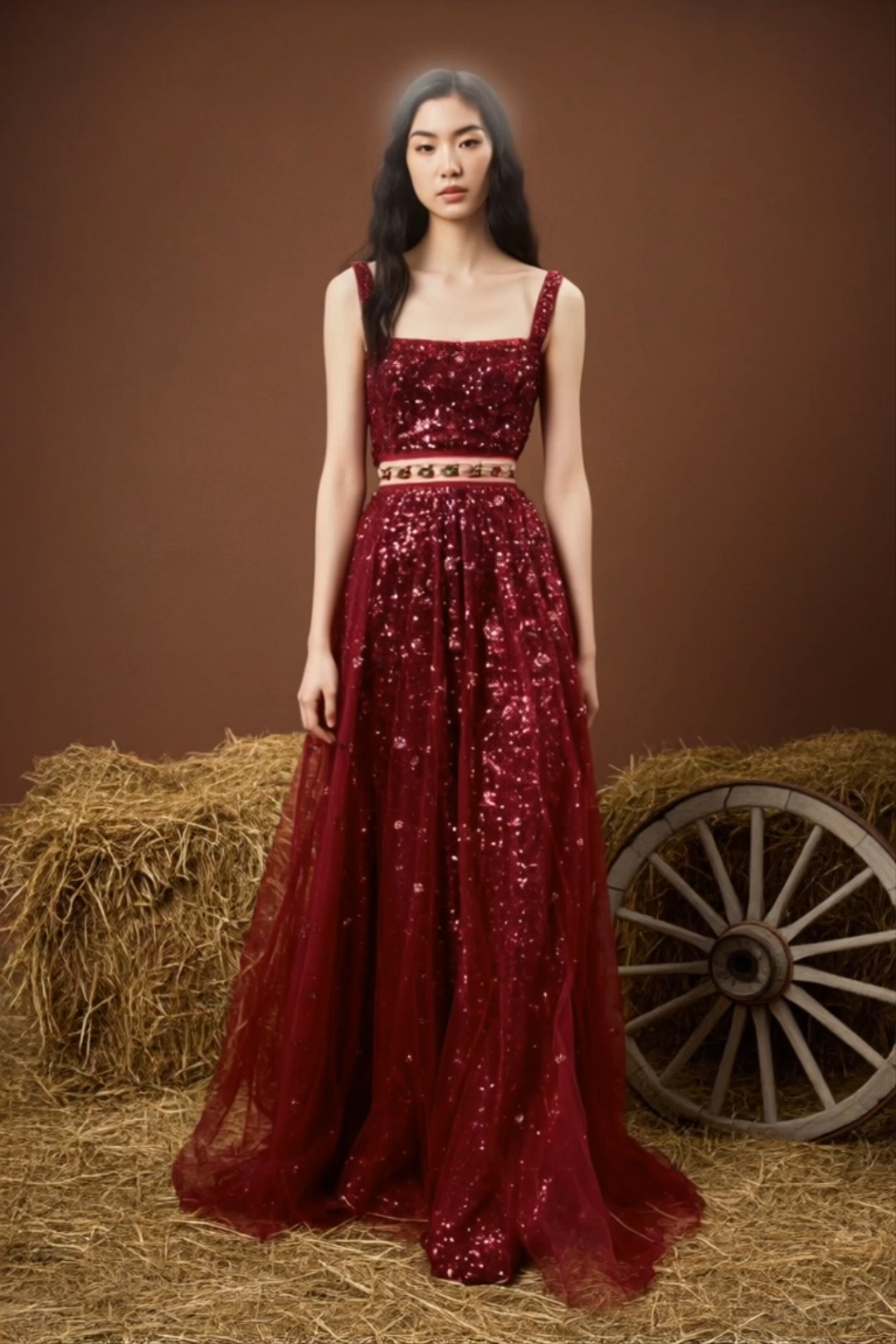 Evening Sequin Dress Red Spaghetti Straps Mesh Floor-Length Gown