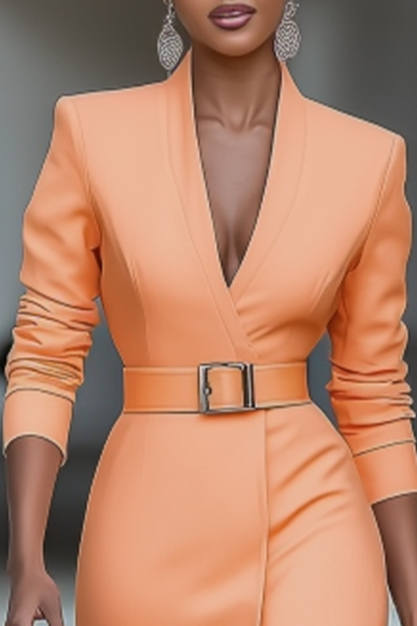 Work Dress Orange V Neck Belted Long Sleeve Midi Dress