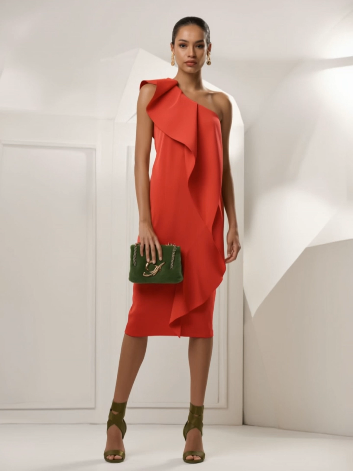 Cocktail Party​ Dress Red Ruffle One Shoulder Knee-Length Dress