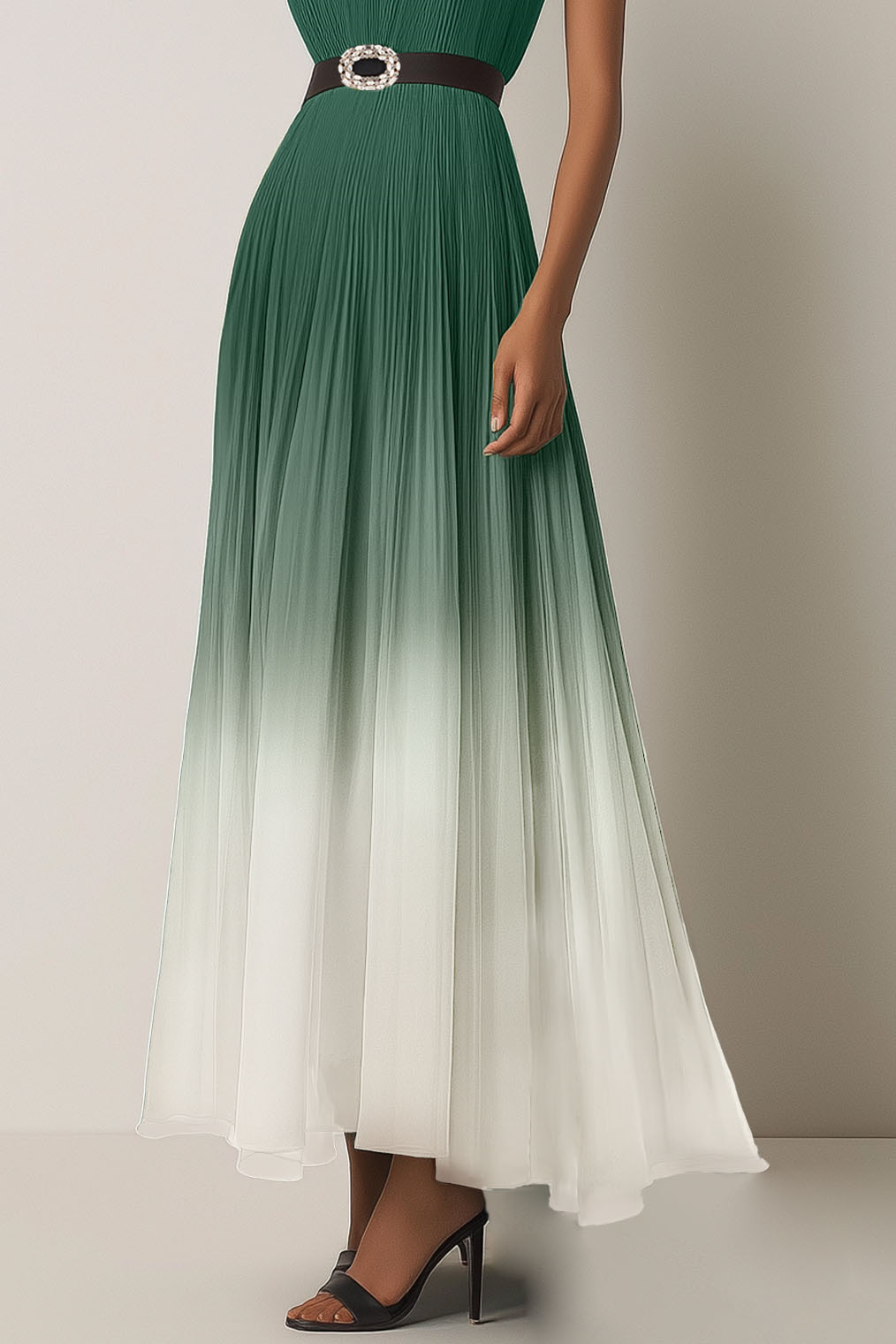 Evening Dress Green-White Ombre Pleated Chiffon Waist Tie Maxi Dress
